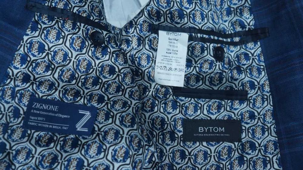 Wełniana Marynarka BYTOM | Rozmiar 176/100 | Granatowa Krata | 100% Wełna