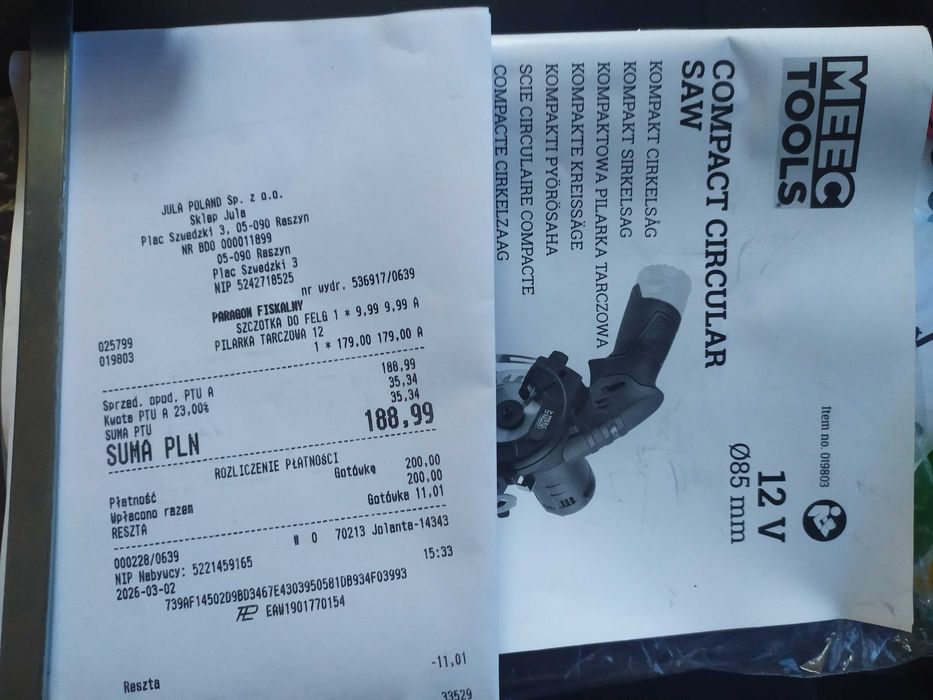 Kompaktowa pilarka akumulatorowa tarczowa MEEC 12 V Ø85 mm GW 2 lata