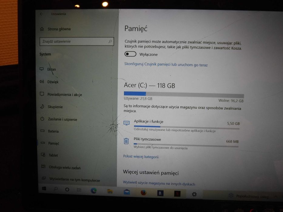 laptop acer spin 1 sp113-31  pozn  - popękany ekran