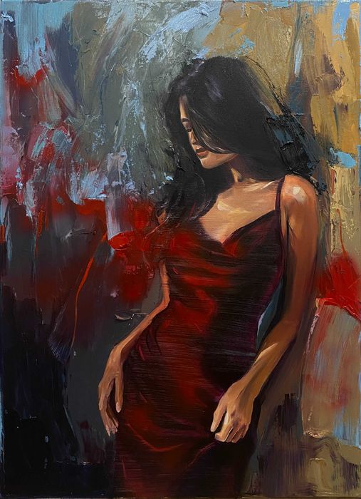 CZERWINA SUKIENKA obraz olejny na płótnie 75x55 cm, abstrakcja