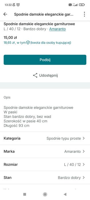 Spodnie eleganckie garniturowe amaranto damskie rozmiar L
