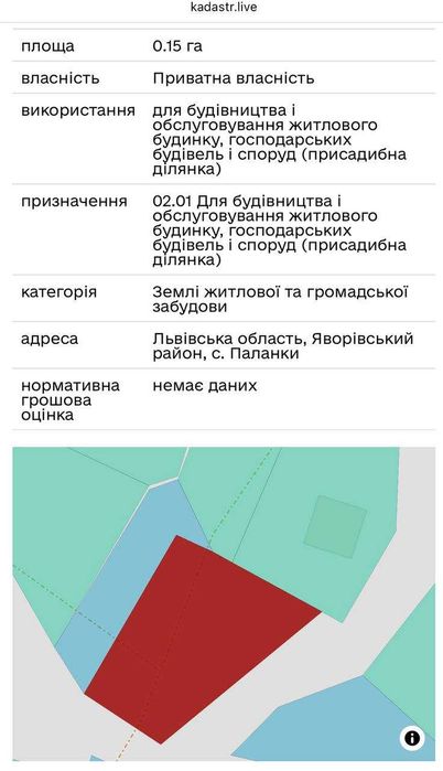 Продаж земельної ділянки  під будівнцитво в селі Паланки