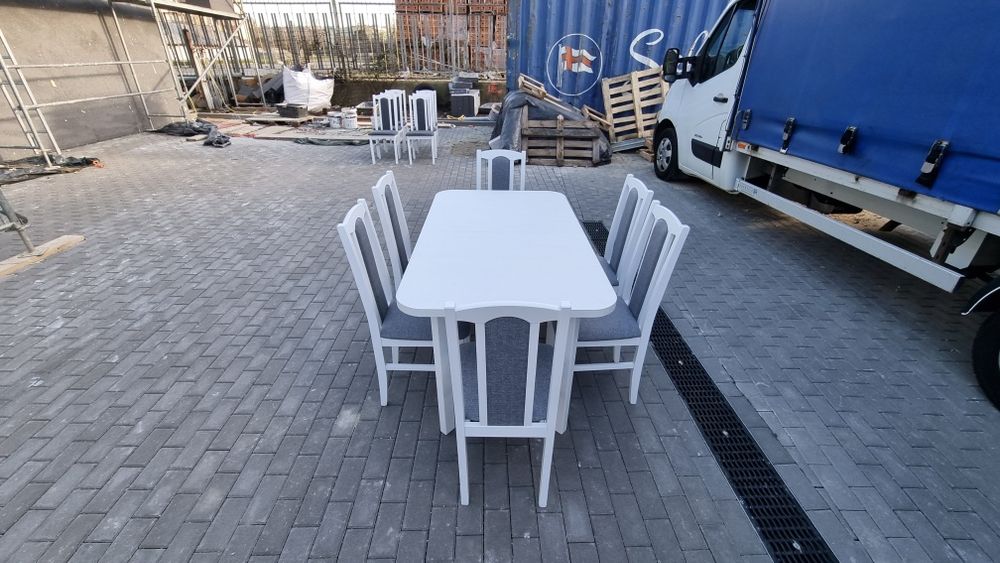 Nowe: Stół rozkładany z 6 krzesłami, OD RĘKI, biały + szary