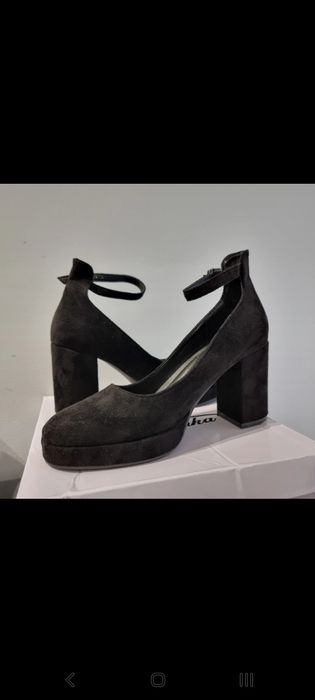 Buty czółenka, słupek, obcas, zamsz, zapięcie, platforma, Mary Jane