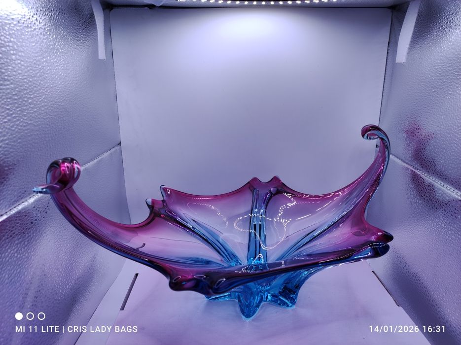 Centro de Mesa em Vidro Murano Azul e Rosa  com 43 cm de largura  Nova