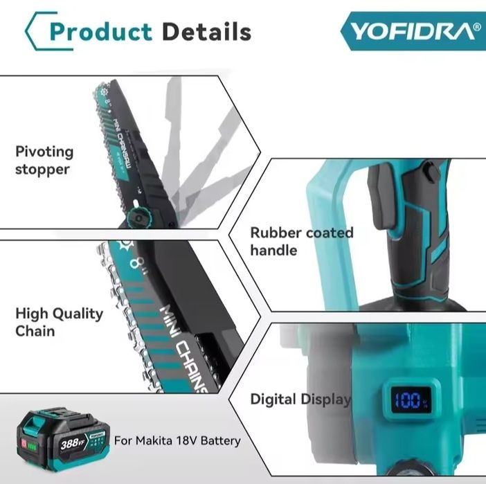 Serra 8'' c/Reserv. de Óleo e Motor Brushless 2x4Ah Baterias Incluídas