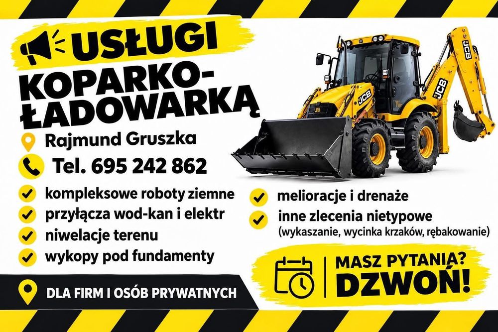 Usługi koparko ładowarka przyłącza, drenaż, prace ziemne, niwelacja terenu,