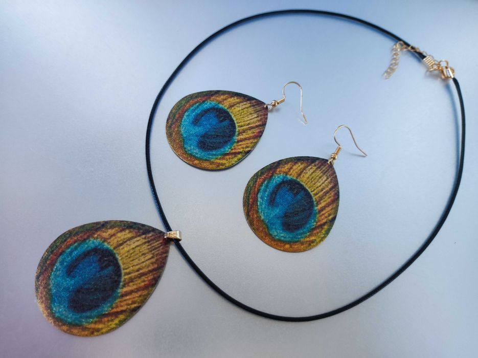 Pawie Pióra piękny komplet biżuterii boho style nowy