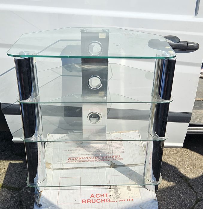 Szklany stolik RTV / komoda pod TV – szkło + chrom, 65×45×70 cm