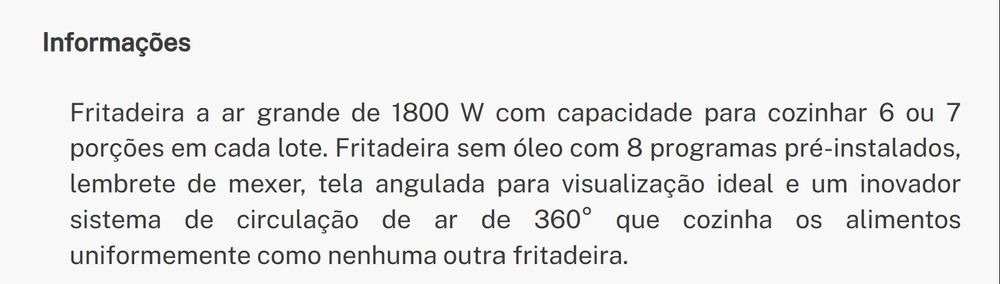 Fritadeira a ar sem óleo - 6.2L Create 1800W (nova)