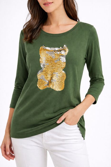 Bluzka khaki z aplikacja mis cekiny