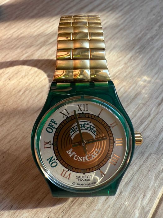 Vintage Swatch Musical 1993 zielony złoty niesprawny