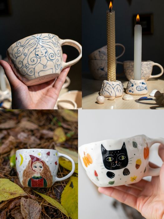 Чашка ручной работы керамика авторская в цветочек  на подарок