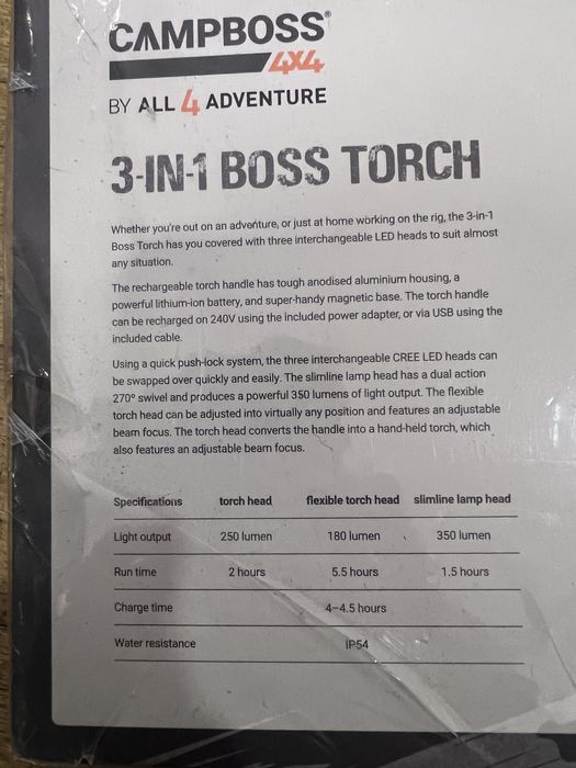 CampBoss 4x4 Boss Torch 3 in 1 lanterna Led recarregável - NOVO