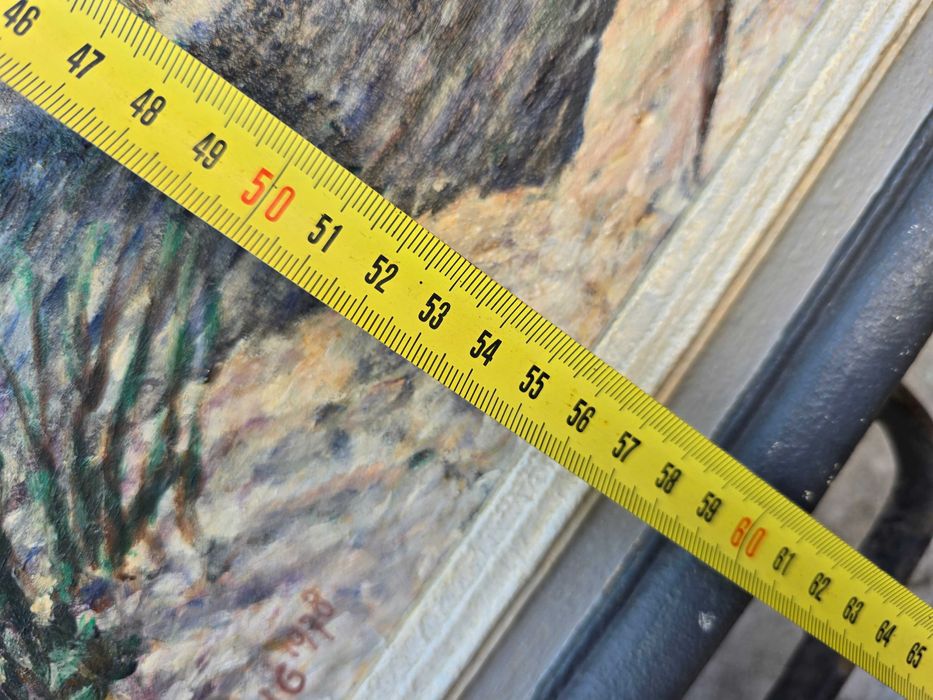 Stary obraz olejny  Leo Lang drzewa i domy