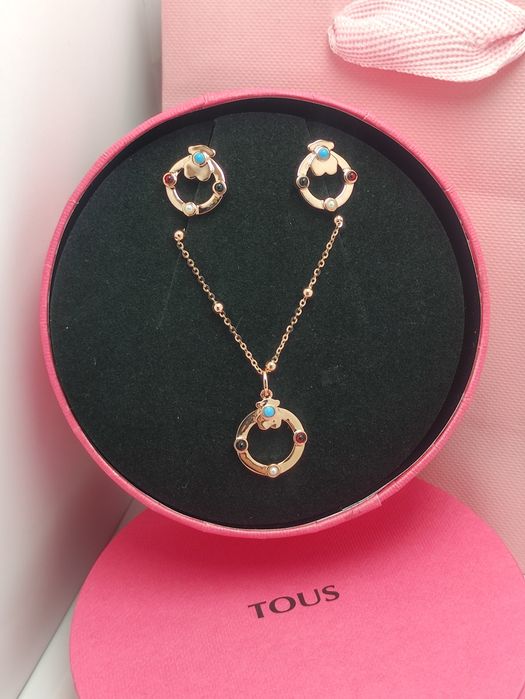 Komplet biżuterii z misiem różowe srebro vermeil 925 z kamieniami