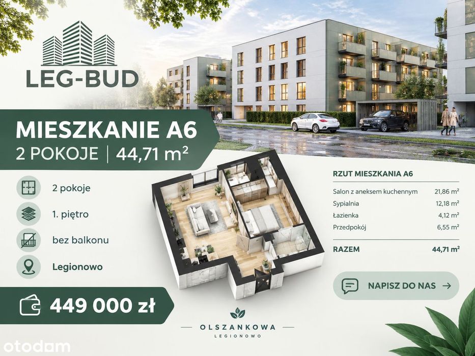 Nowe 2-pokojowe mieszkanie 44,71 m² | Legionowo | ul. Olszankowa
