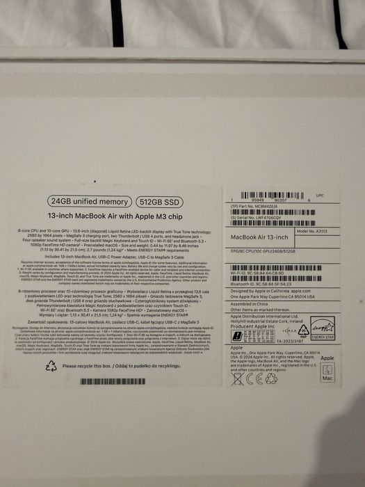Macbook 13” Air M3 2024r. 24GB 512 GB