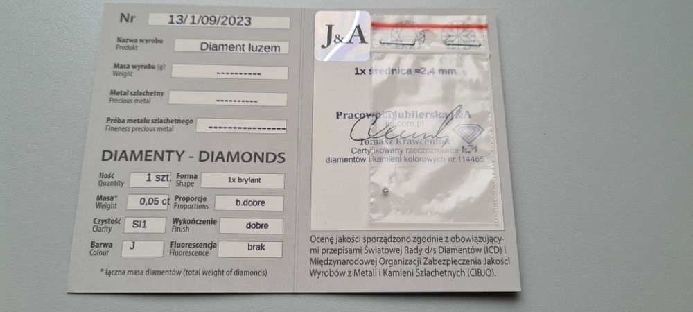 Naturalny Brylant 0.05ct Si1/J Certyfikat.