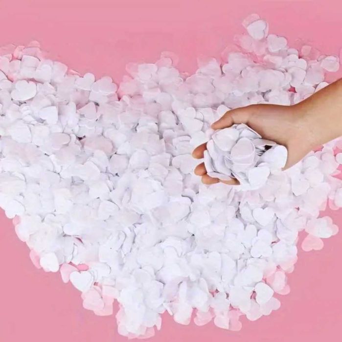 Весільні білі серця з рожевими блискітками,1500шт. для фото святкувань