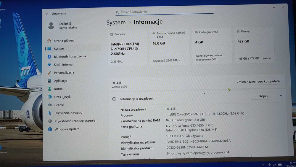 Dell Vostro 15 7590  I7-9750H/16GB/NV GF GTX 1650