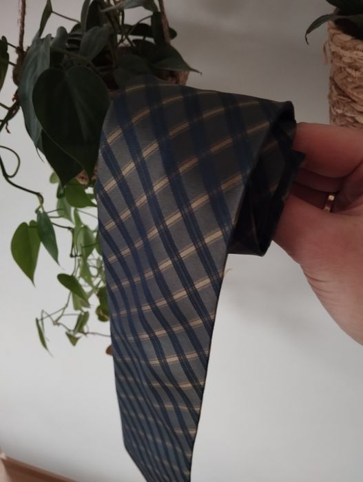 Męski jedwabny krawat 100% silk, ciemnozielony, khaki, kratka, 9,5 cm