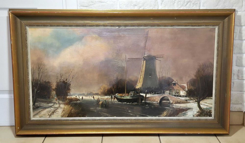 Duży obraz olej na płótnie Wiatrak Młyn zimą sygnowany vintage