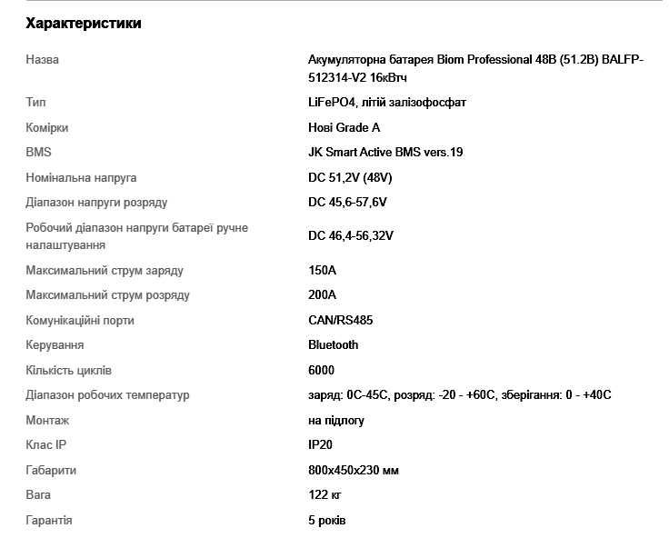 НОВА 16кВт! В наявності - 1695 дол. Акумуляторна батарея Biom Professional 48В (51.2В) BALFP-512314-V2 16кВтч