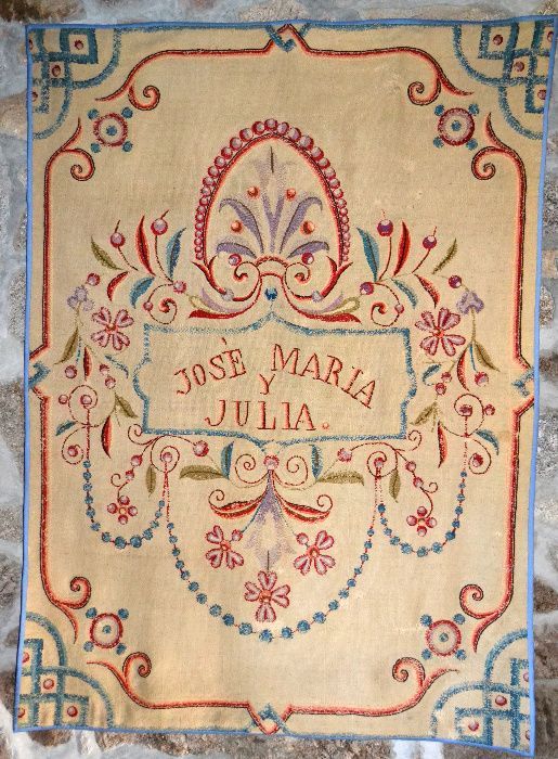 Manta de noiva de José Maria y Julia, lã feita e bordada à mão–séc XIX