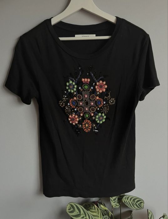 Czarna bluzka uterque M tshirt koralki Masimo Dutti Studio