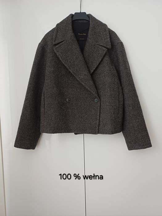 Massimo Dutti wełniany płaszcz szary krótki 100% wełna pudełkowy viral