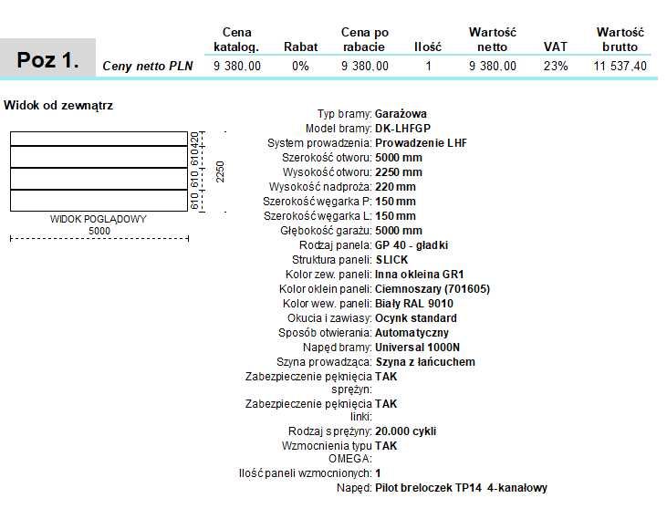 Brama garażowa segmentowa Dako 5000x2250 antracyt automatyczna