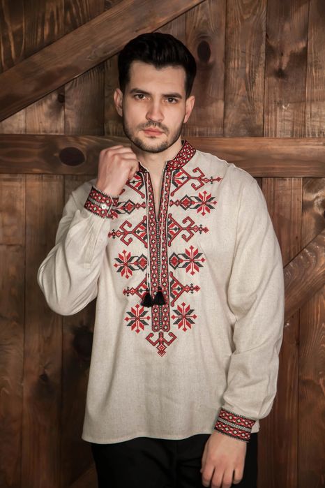 Чоловіча вишита сорочка вишиванка льон бежева • Мужская вышиванка лен
