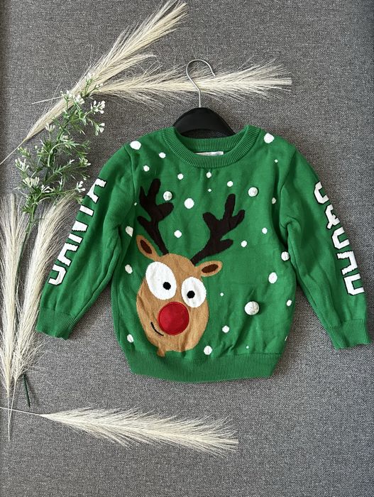 Zielony sweter świąteczny sweterek renifer Rudolf pompony santa squad