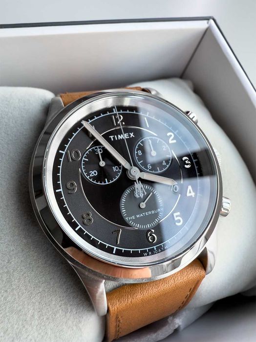 Timex Waterbury | NOWY, nienoszony chronograf | czarna tarcza + skórzany pasek | pudełko