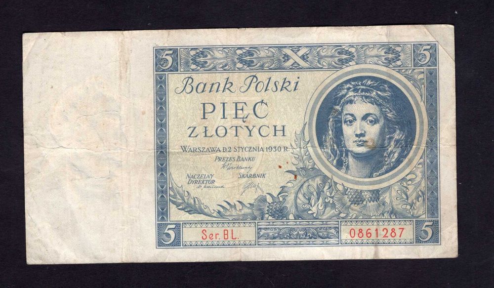 Banknot Polska II RP 5 złotych 1930 seria BL Pick 72 przedwojenny stary numizmatyka
