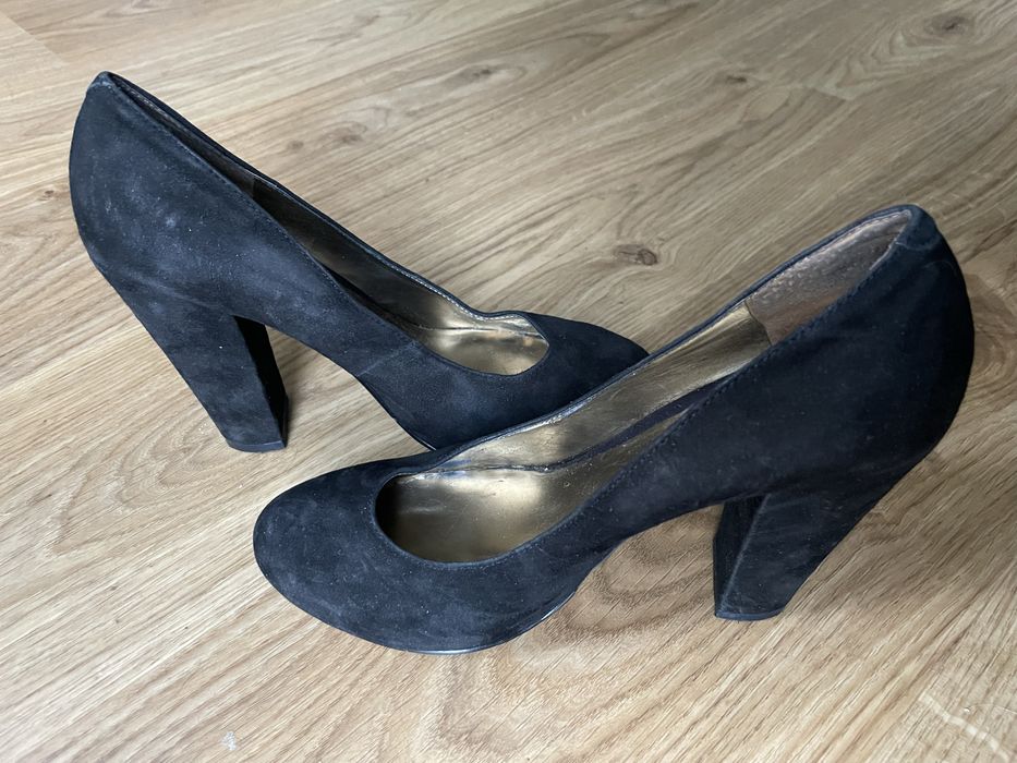 Damskie czółenka, buty obcasie, słupku, Nine West, czarne, skóra, 37