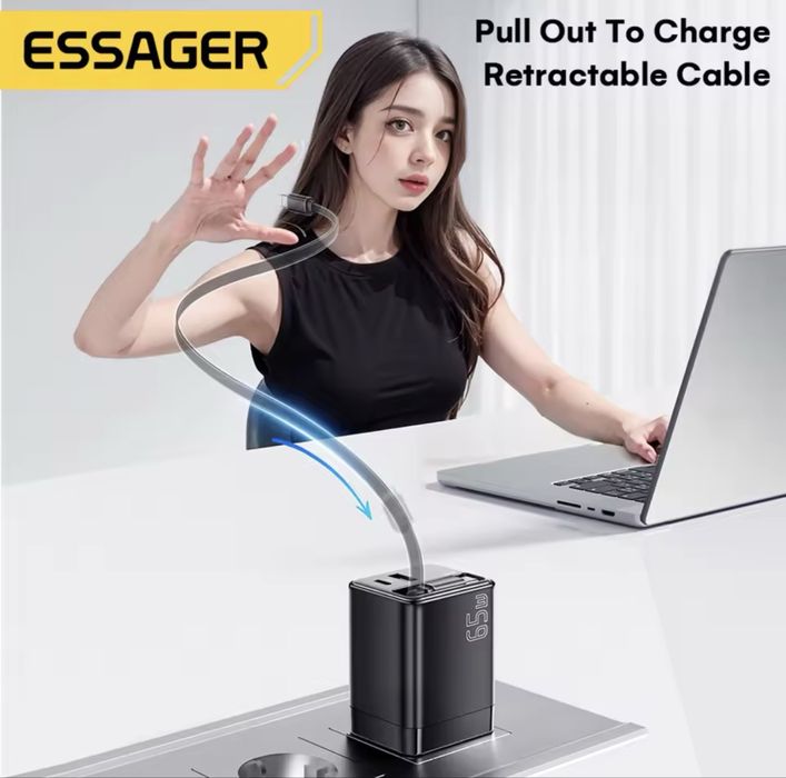 Essager GaN 65W USB-C PD зарядний пристрій з висувним кабелем для iPhone,Samsung,Xiaomi