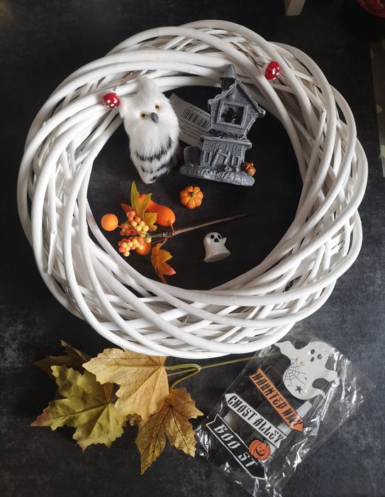 wianek wiklina i ozdoby jesień halloween sowa straszny dom, dynia duch