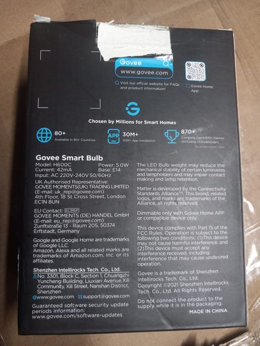 2 lâmpadas LED inteligentes Govee Smart Bulb (Modelo H600C)