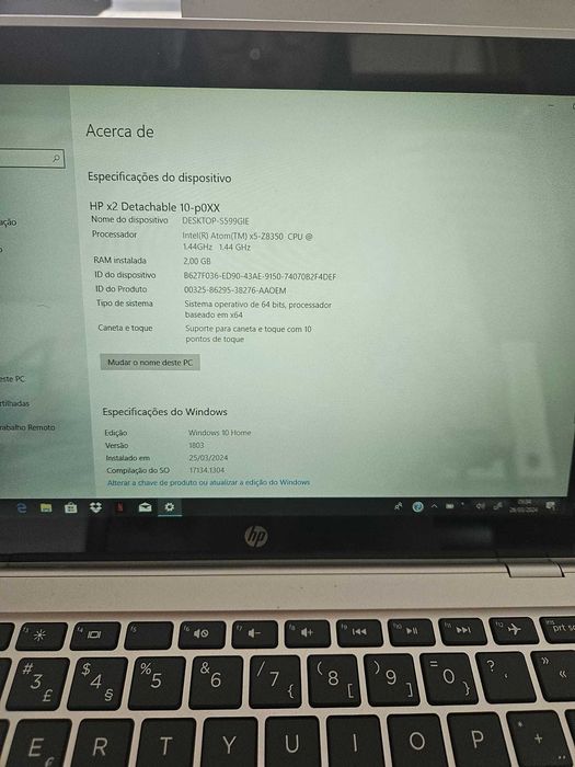 PC HP x2 Detachable 10-p0XX – 2GB RAM / 64 Bits / Tela Touch