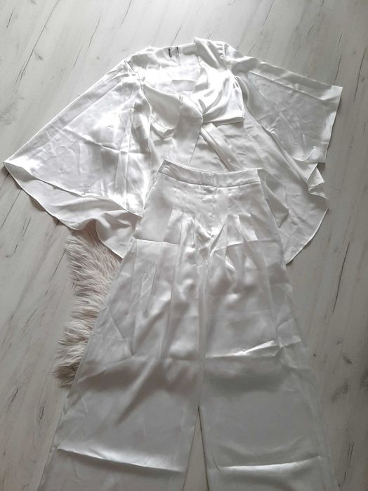 ASOS piękny satynowy biały komplet crop top i szerokie spodnie XS 34