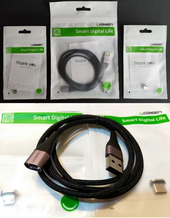 Магнитный кабель Ugreen Type-C + Micro USB для быстрой зарядки 1m  3А