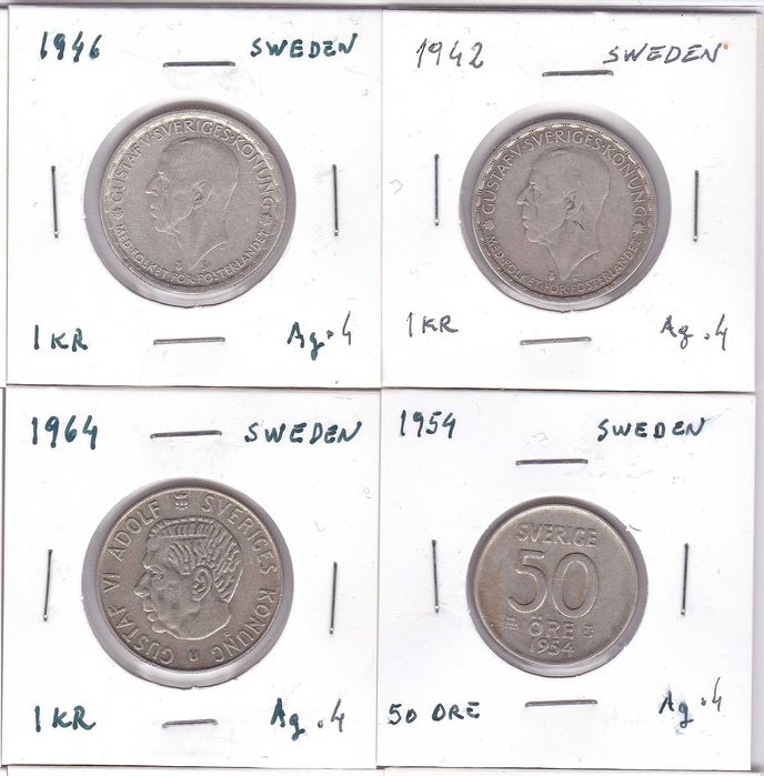 44 moedas Suécia de diversas datas e metais incluindo 20 em prata