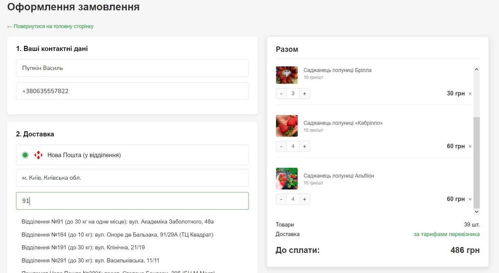 Сайт (інтернет-магазин) саджанців полуниці