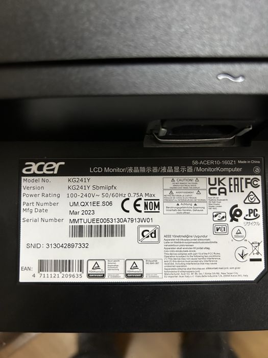 Monitor Acer KG241Y S 23.8/Full HD/VA/165 Hz/1 ms/Freesync/Plana/Negro