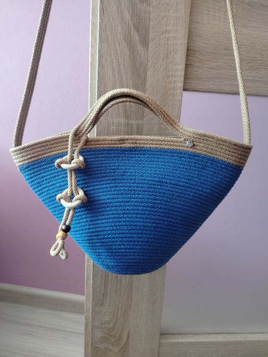 Kosz mini ze sznurka karmelowo chabrowym Handmade