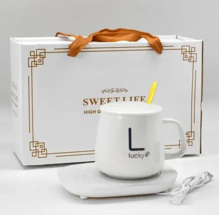 Чашка кружка с подставкой с подогревом ложка крышка 400мл керамическая