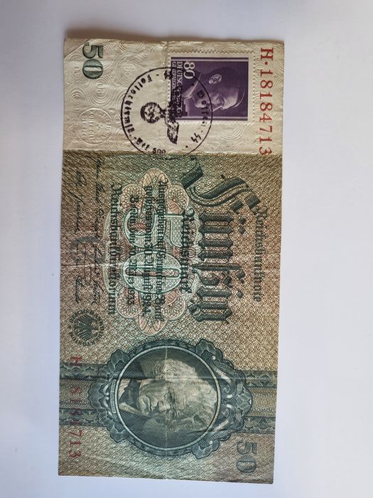 50 finingów ze znaczkiem Hitler i pieczątką III Rzeszy Rarytas