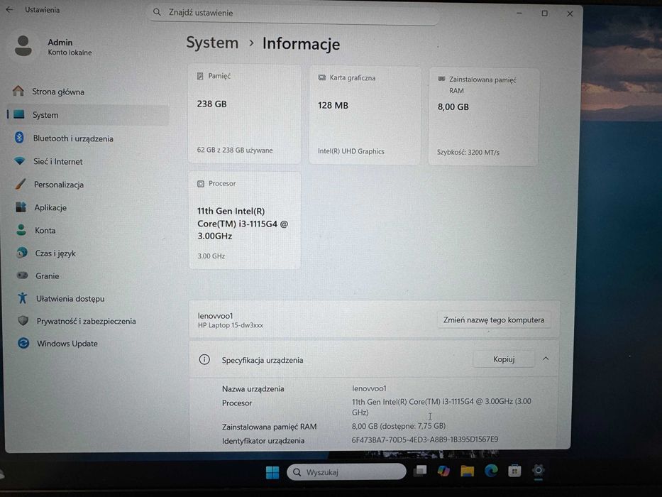 Laptop HP 15-dw3123nw i3 8GB/256 SSD